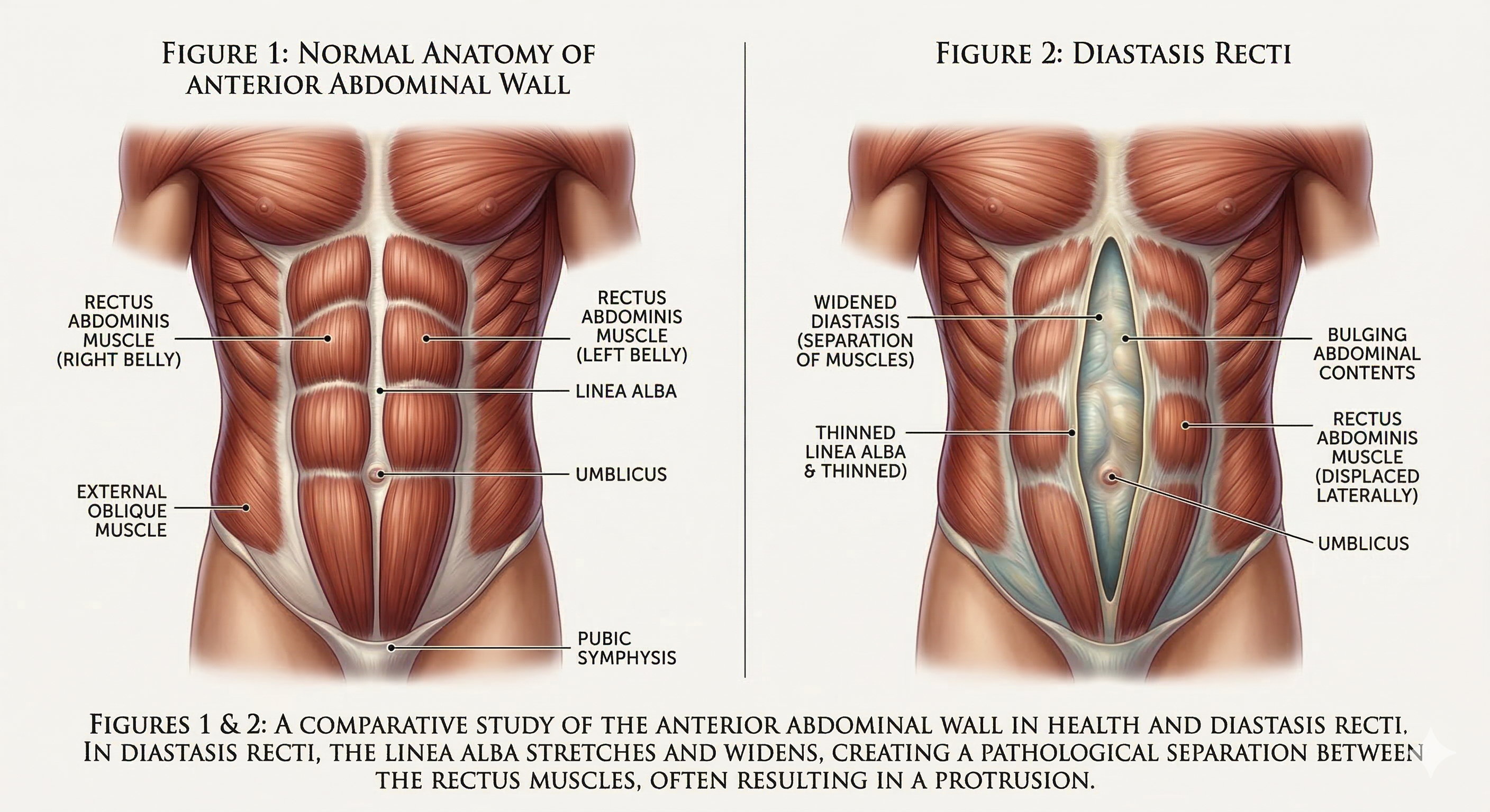 אנטומיה נורמלית של דופן הבטן לעומת דיאסטזיס רקטי